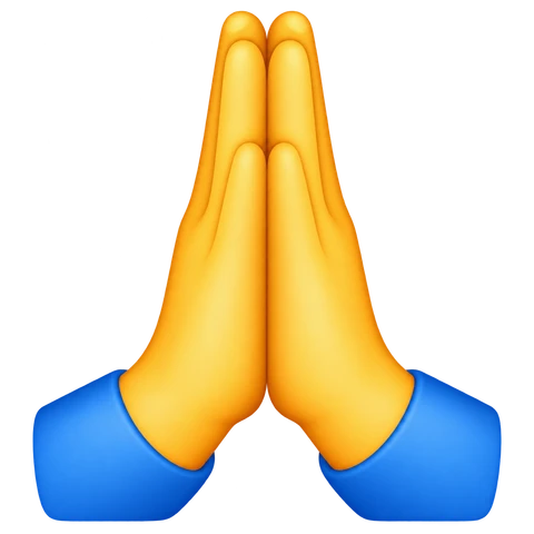 Yellow folded hands with blue cuffs in a namaskar greeting